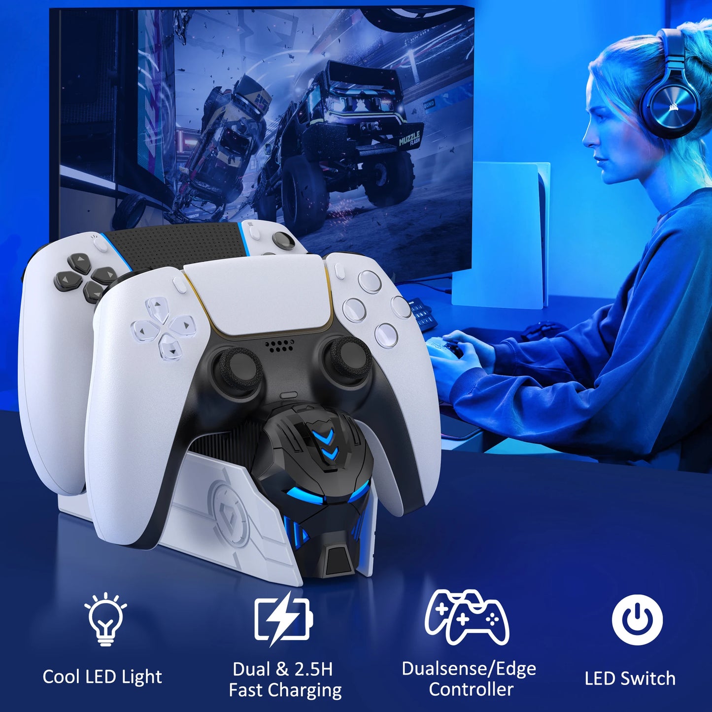 מטען כפול לבקרי PS5 – תחנת טעינה מהירה בעיצוב גיימינג לבקרי DualSense