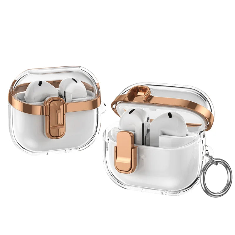 קייס שקוף בעיצוב יוקרתי ל-Galaxy Buds 3 / Buds 3 Pro – מגן עם אבזם ומפתח תלייה
